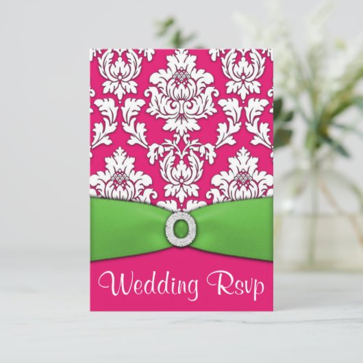 Cartes RSVP Mariage damassé Hot Rose & Lime Green (Debout devant)