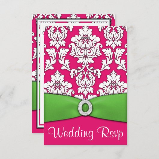 Cartes RSVP Mariage damassé Hot Rose & Lime Green (Devant / Derrière)