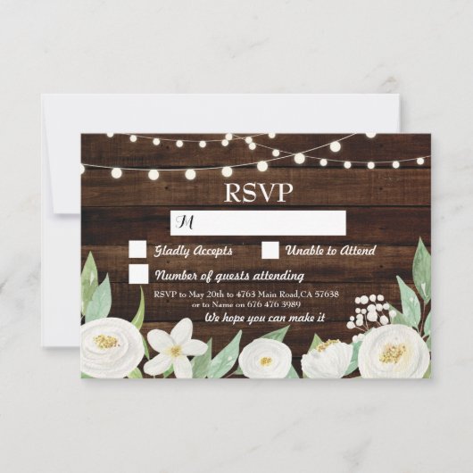 Cartes RSVP Mariage en Bois Fleurs Rustiques (Devant)