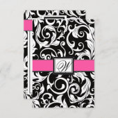 Cartes RSVP Monogram Black & Pink Mariage damassé (Devant / Derrière)