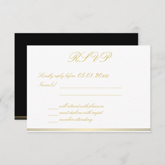 Cartes RSVP Monogrammed Black Gold Élégant Mariage (Devant / Derrière)
