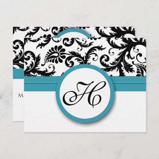 Cartes RSVP-Noir & Blanc Damas foncé Pool Bleu (Devant / Derrière)