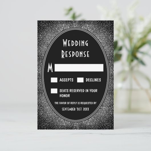 Cartes RSVP Noir et Argent Foil Art Déco Mariage (Debout devant)