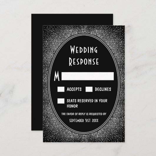 Cartes RSVP Noir et Argent Foil Art Déco Mariage (Devant / Derrière)