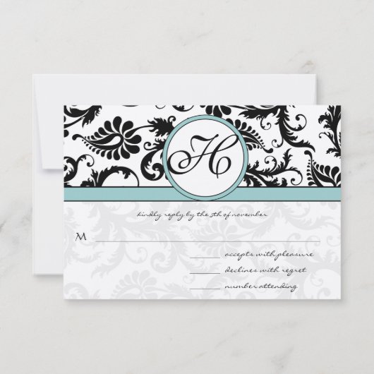 Cartes RSVP - Noir et blanc Damas Aqua Bleu (Dos)