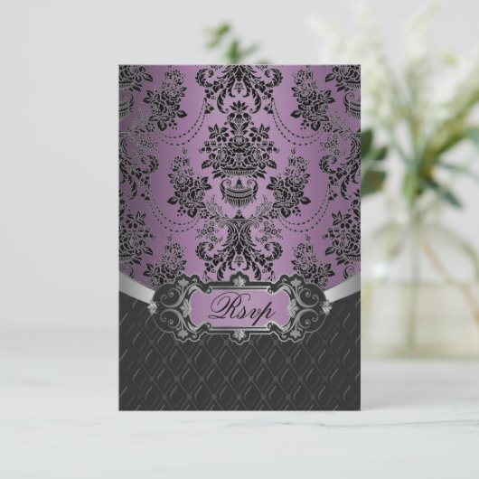 Cartes RSVP Plum Lapis violet Mariage damassé noir (Debout devant)