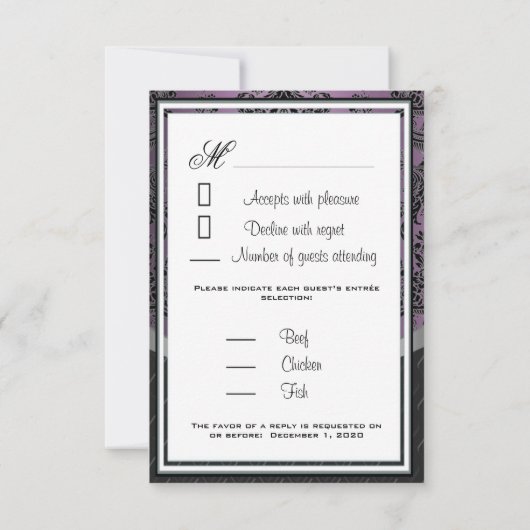Cartes RSVP Plum Lapis violet Mariage damassé noir (Dos)