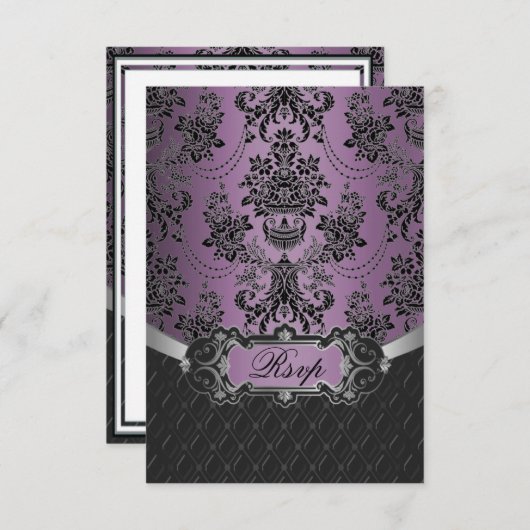 Cartes RSVP Plum Lapis violet Mariage damassé noir (Devant / Derrière)