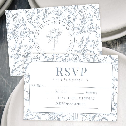 Cartes RSVP pour mariage à monogramme floral bleu