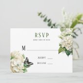 Cartes RSVP pour mariage à papillon Hydrangea blan (Debout devant)