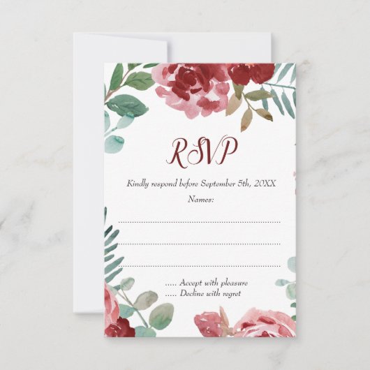 Cartes RSVP pour mariage Foliage Rose de Bourgogne (Devant)