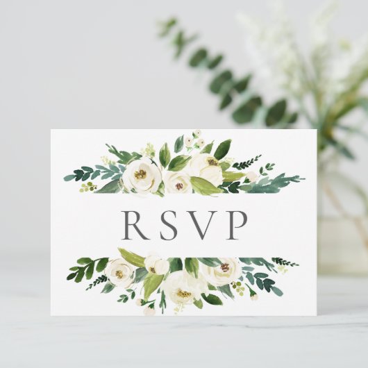 Cartes RSVP pour mariage vert à fleurs blanches (Debout devant)
