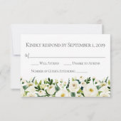 Cartes RSVP pour mariage vert à fleurs blanches (Dos)