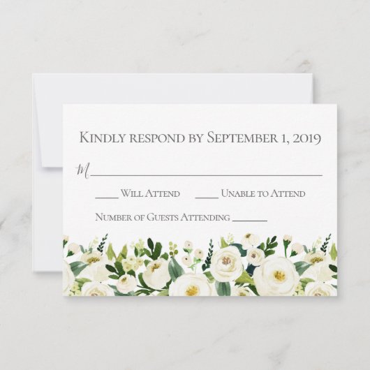 Cartes RSVP pour mariage vert à fleurs blanches (Dos)