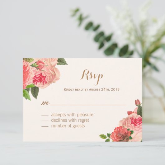 Cartes RSVP romantiques Peonie corail et Parties s (Debout devant)