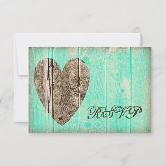 Cartes RSVP Rustic Wood Heart Aqua Mariage campagn (Dos)