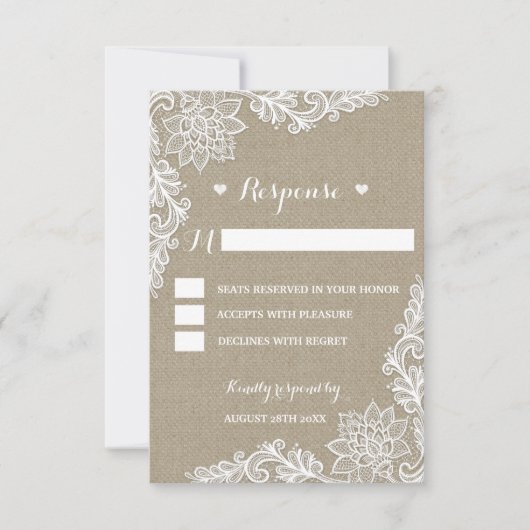 Cartes RSVP Rustiques Burlap et Floral Lace Mariag (Devant)