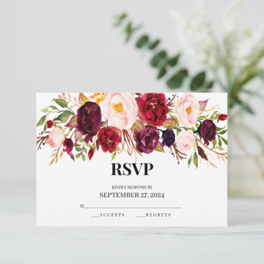 cartes rsvp rustiques, élégantes, bordeaux, bois (Debout devant)