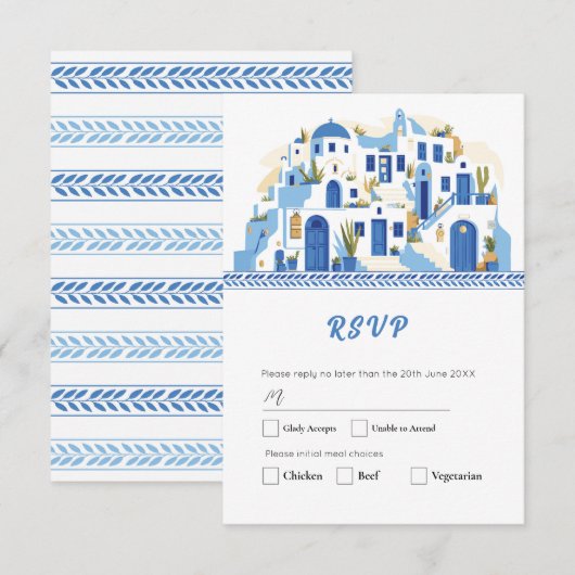 Cartes RSVP Santorin Mariage Grec Grèce Bleu  (Devant / Derrière)