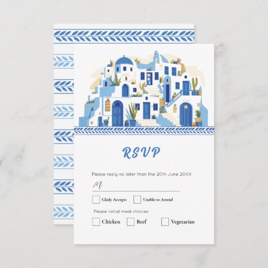 Cartes RSVP Santorini Mariage Grèce bleue (Devant / Derrière)