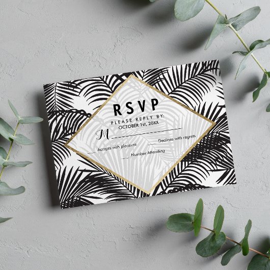 Cartes RSVP tropicales modernes en or noir blanc