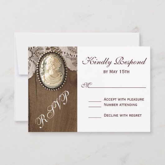 Cartes RSVP vintage Cameo Broch Lace Bois Wedding (Devant)