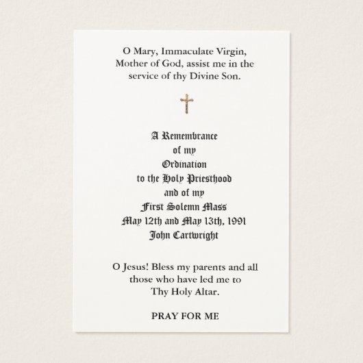 CARTES SAINES DE L'ORDINATION PRIVÉE CATHOLIQUE (Dos)