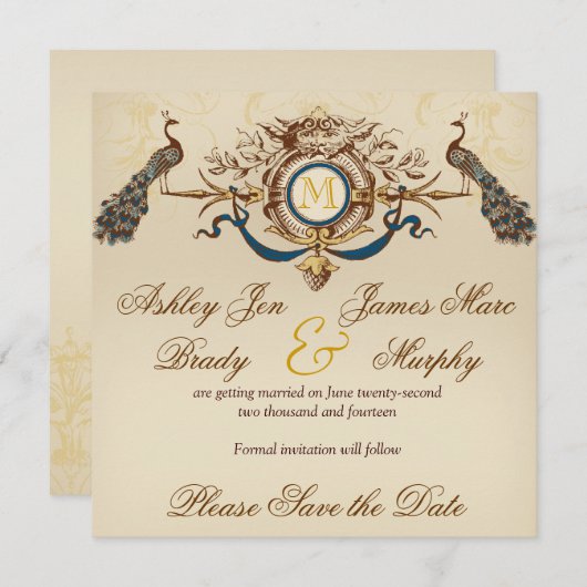 Cartes 'Save the Date' au Paon Élégant (Devant / Derrière)