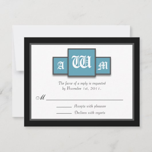 Cartes Tri-Monogram Blue Modern Reply / RSVP (Devant)