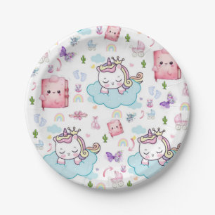 Carton Assiettes en papier, licorne arc-en-ciel chat bleu