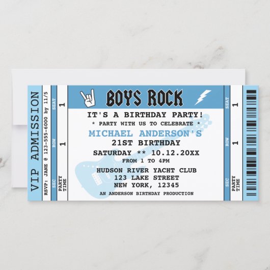 CARTON DE CONCERT "BOYS ROCK" INVITATION D'ANNIVER (Devant)