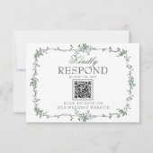 Carton de réponse de mariage à code QR floral vert (Devant)
