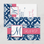 Carton de réponse de mariage en damas bleu marine  (Devant / Derrière)