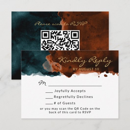 Carton de réponse QR Code aquarelle sarcelle et or (Devant / Derrière)