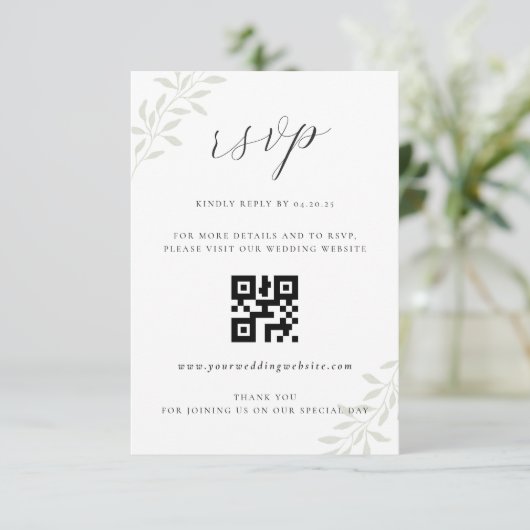 Carton de réponse QR code pour mariage avec feuill (Debout devant)
