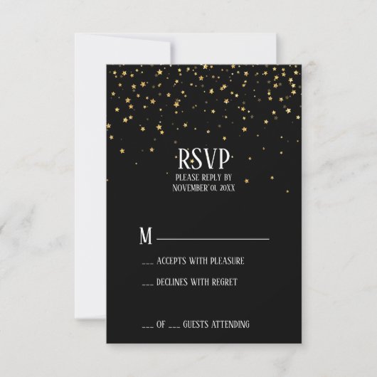 Carton de réponse RSVP avec confettis dorés sur fo (Devant)