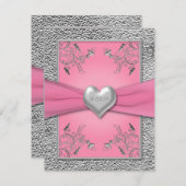 Carton RSVP Ruban imprimé, cœur en étain rose (Devant / Derrière)