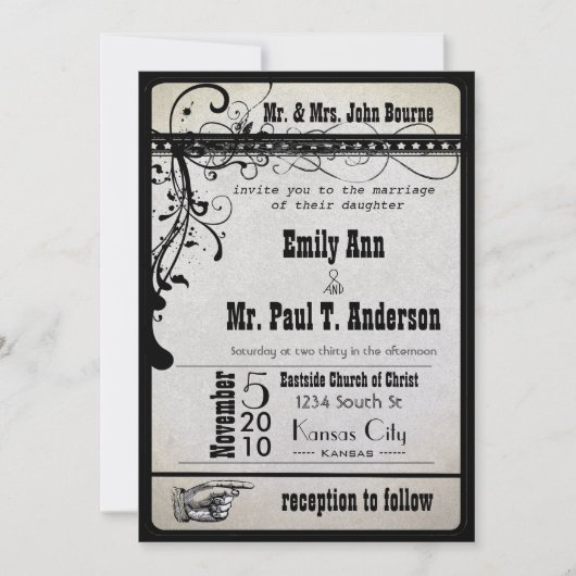 Cartons de billet funky noir pour invitations de m (Devant)