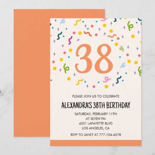 Cartons de fête simples 38e invitations d'annivers (Devant / Derrière)