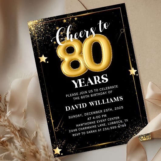 Cartons noirs et dorés Invitation Anniversaire 80 