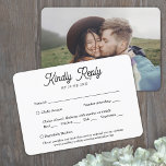 Cartons Réponse 1 Options de repas photo Élégant Mariage de script<br><div class="desc">Partagez une de vos photos de fiançailles ou de mariage avec ces cartes RSVP modernes et polyvalentes. L'image et le libellé de ce modèle sont simples à customiser. (CONSEIL EN MATIÈRE DE PLACEMENT D'IMAGE : Une façon simple de positionner une photo exactement comment vous voulez est de la rogner avant...</div>