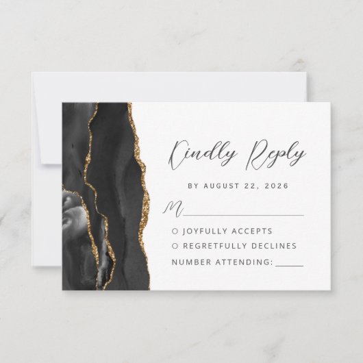 Cartons Réponse Agate Black Gold Mariage de script moderne (Devant)