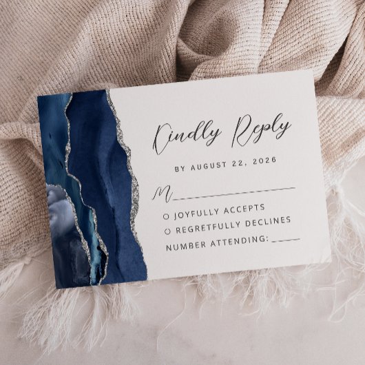 Cartons Réponse Agate Navy Blue Silver Modern Script Mariage