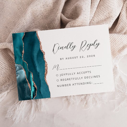 Cartons Réponse Agate Teal Rose Gold Modern Script Wedding