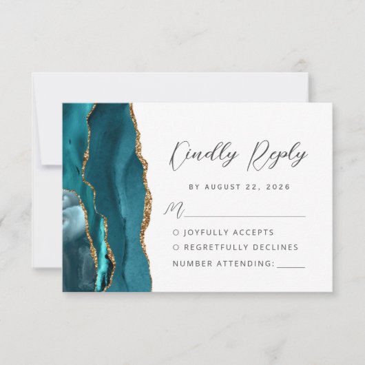 Cartons Réponse Agate Turquoise Blue Gold Modern Script Mariage (Devant)