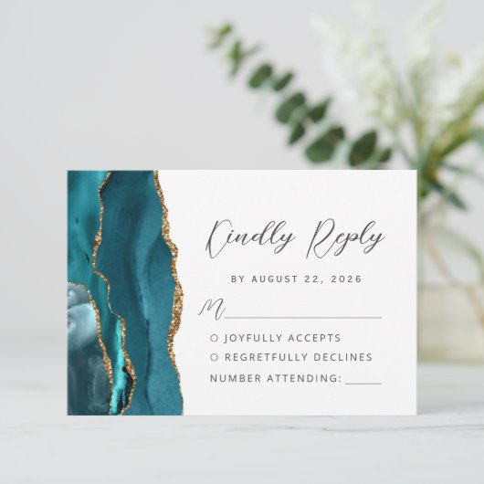 Cartons Réponse Agate Turquoise Blue Gold Modern Script Mariage (Debout devant)