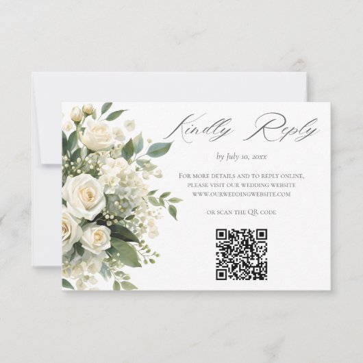 Cartons Réponse All White Hydrangeas Roses Wedding Website QR Code (Devant)