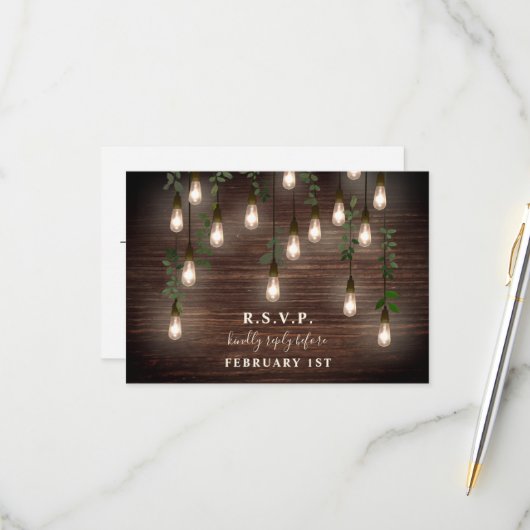 Cartons Réponse Ampoules Vintage Bois Botanique Mariage (Devant/Arrière en situation)
