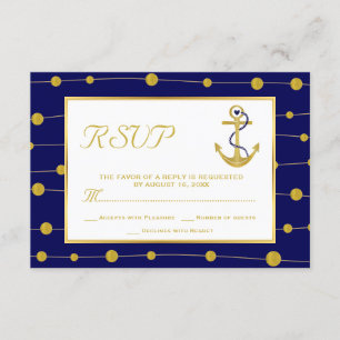 Cartons Réponse Ancrage or & perles marine bleu marine mariage nau