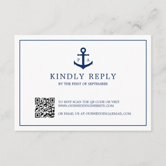 Cartons Réponse Ancre bleu marine Monogramme QR Code Mariage nauti (Devant)